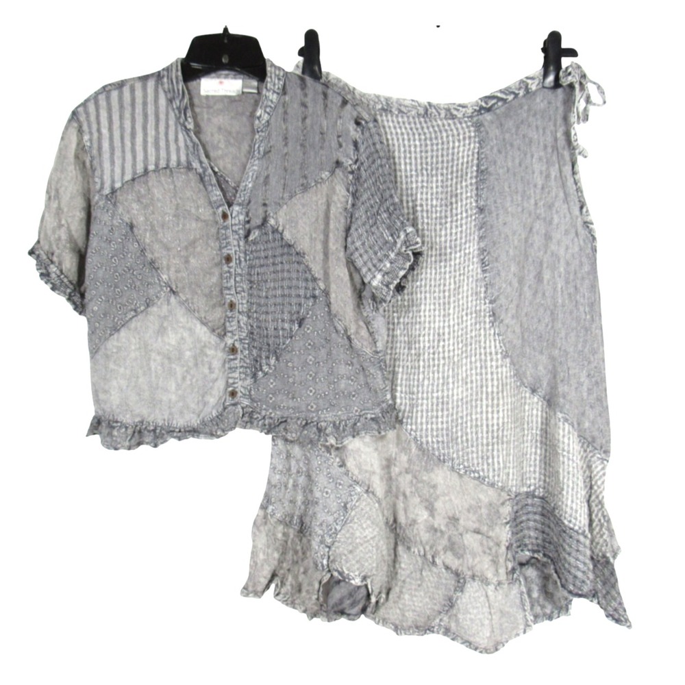 SACRED THREADS Acid-Wash PATCHWORK Asymmetrical OUTFIT Top/Skirt TOP-M SKIRT-L